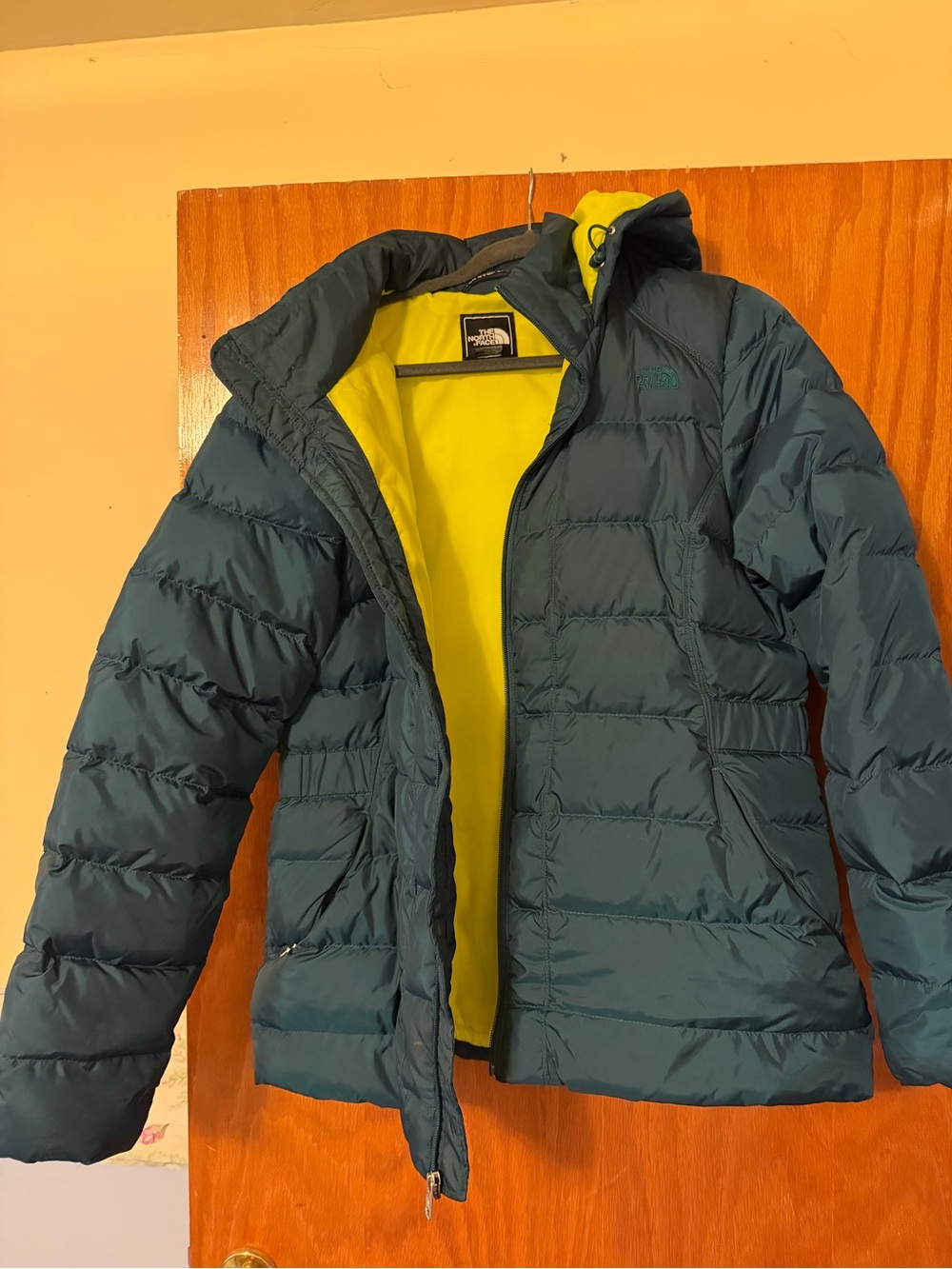 The North Face Women’s Teal Puffer Jacket with Yellow Liner